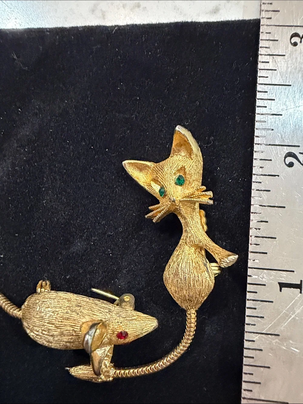 Gold Cat & Mouse Brooch Set with Colored Gem Eyes